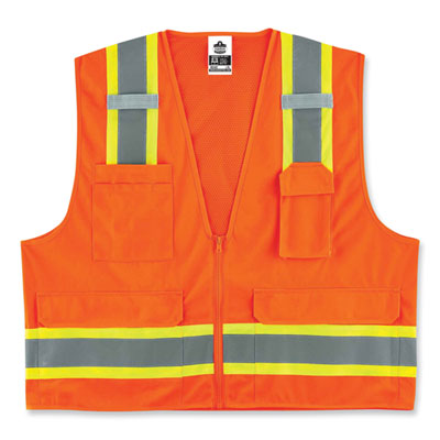 GloWear 8248Z Class 2 Two-Tone Surveyors Zipper Vest, Polyester, 4X-Large/5X-Large, Orange, Ships in 1-3 Business Days