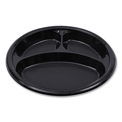 Hi-Impact Plastic Dinnerware, Plate, 3-Compartment, 10" dia, Black, 125/Sleeve, 4 Sleeves/Carton
