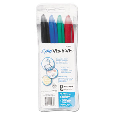 Vis-a-Vis Wet Erase Marker, Fine Bullet Tip, Assorted Colors, 4/Set