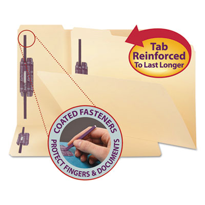 Manila Fastener Folders with SafeSHIELD Coated Fasteners, 0.75" Expansion, 2 Fasteners, Legal Size, Manila Exterior, 50/Box