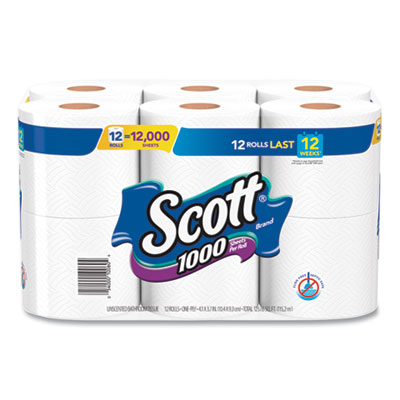 Toilet Paper, Septic Safe, 1-Ply, White, 1,000 Sheets/Roll, 12 Rolls/Pack, 4 Pack/Carton