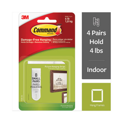 Picture Hanging Strips, Removable, Holds up to 4 lbs per Pair,  0.63 x 1.81, White, 8 Pairs/Pack