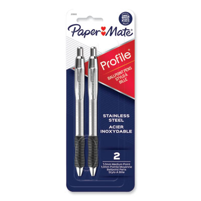 Profile Ballpoint Pen, Retractable, Medium, 1 mm, Black Ink, Black/Silver Barrel, 2/Pack