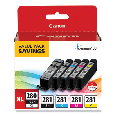2021C007 (CLI-281; PGI-280 XL) ChromaLife100+ Ink, Black XL/Black/Cyan/Magenta/Yellow, 5/Pack