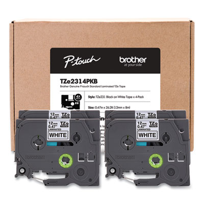 TZe Series Standard Adhesive Laminated Labeling Tape, 0.5", Black on White, 4/Pack